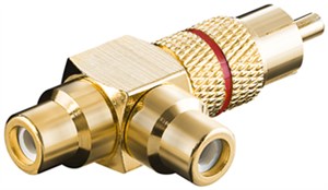 Adapter cinch typu Y; wtyk na 2 x gniazdo; wersja złota; Czerwony