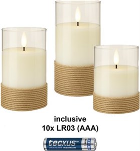 Trzyelementowy zestaw świec LED z prawdziwego wosku w szklance, biały, owinięty konopiami, z 8x AA (LR6)